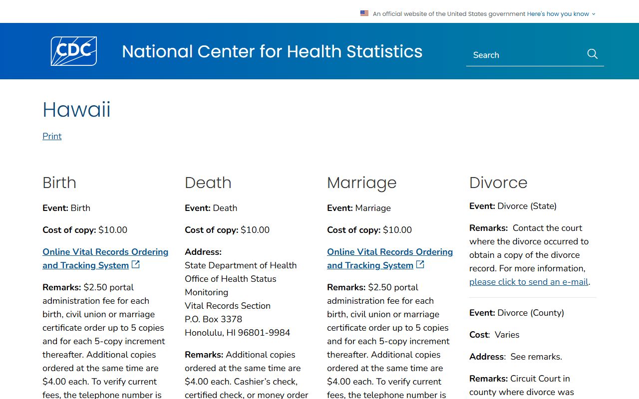 CDC Hawaii vital records guide for Honolulu County birth records