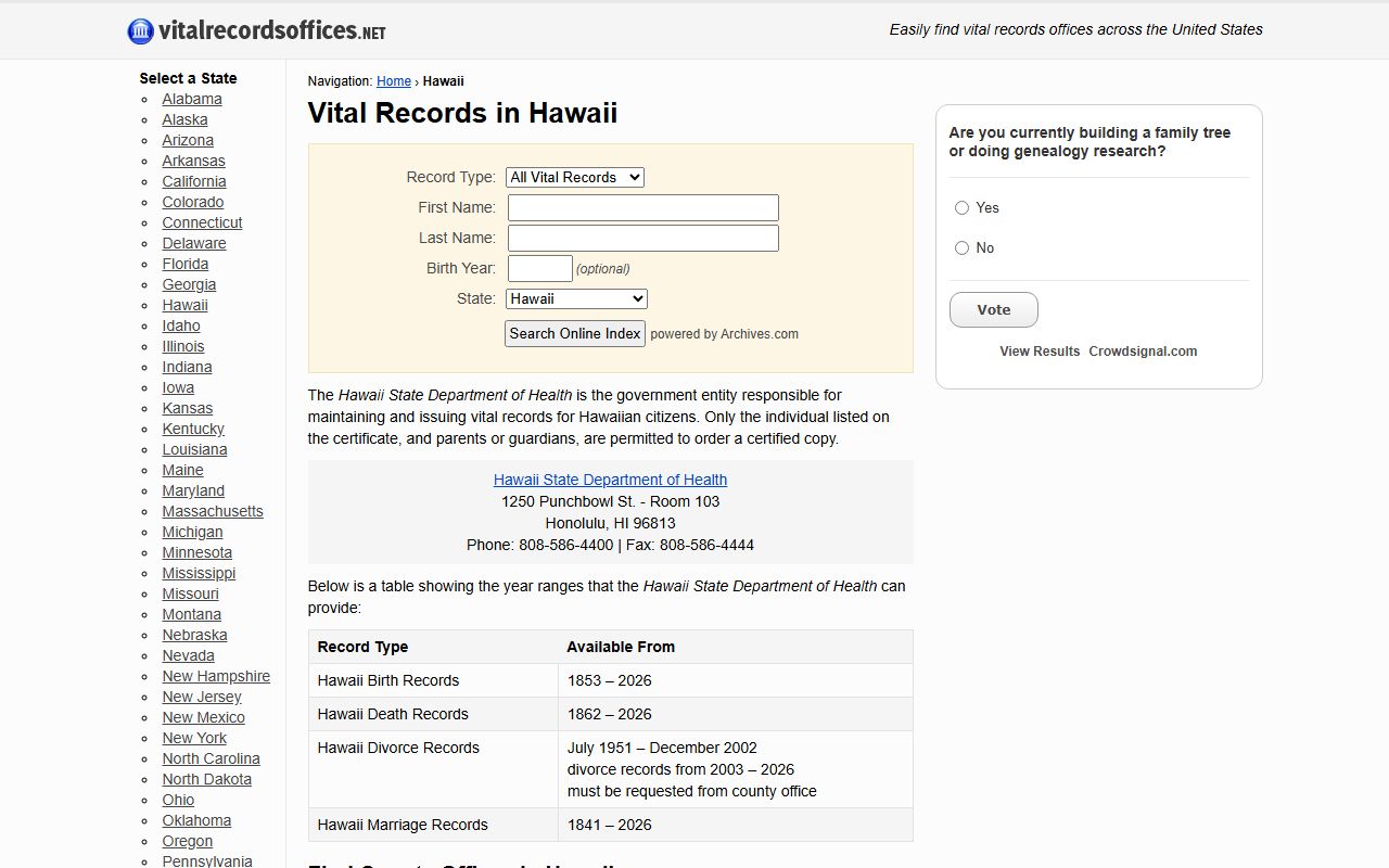Kalawao County vital records access birth certificates