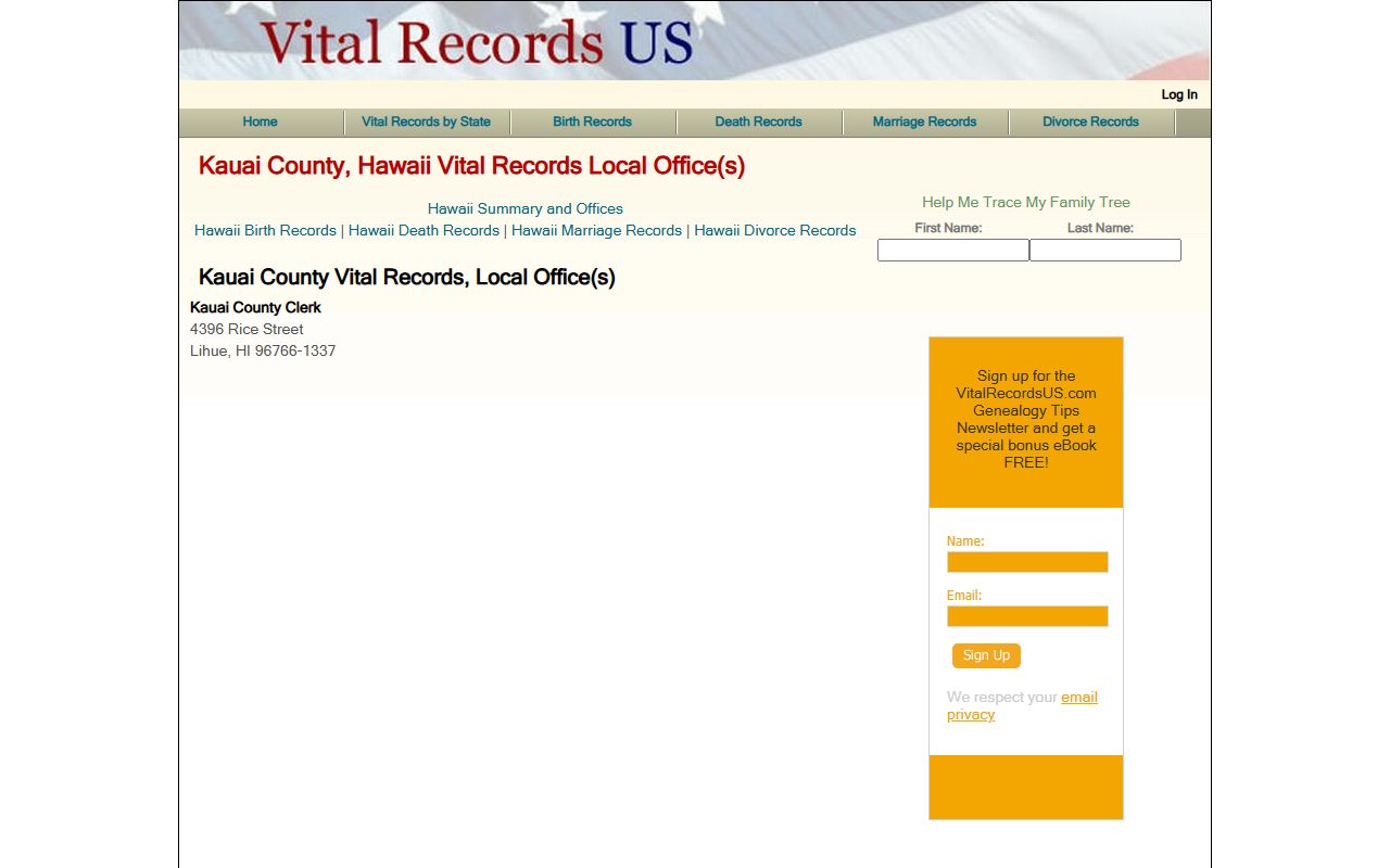Kauai County Clerk information for birth records