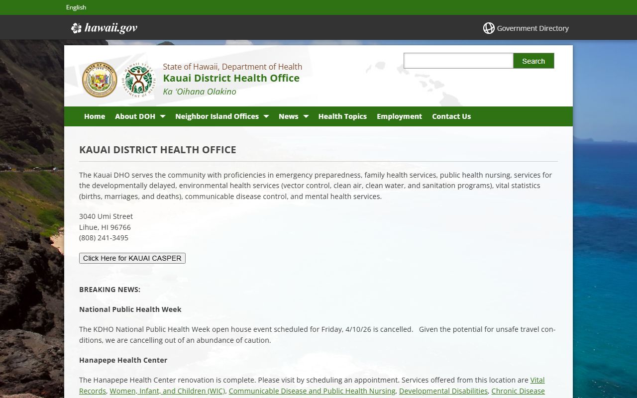 Kauai District Health Office vital records main page