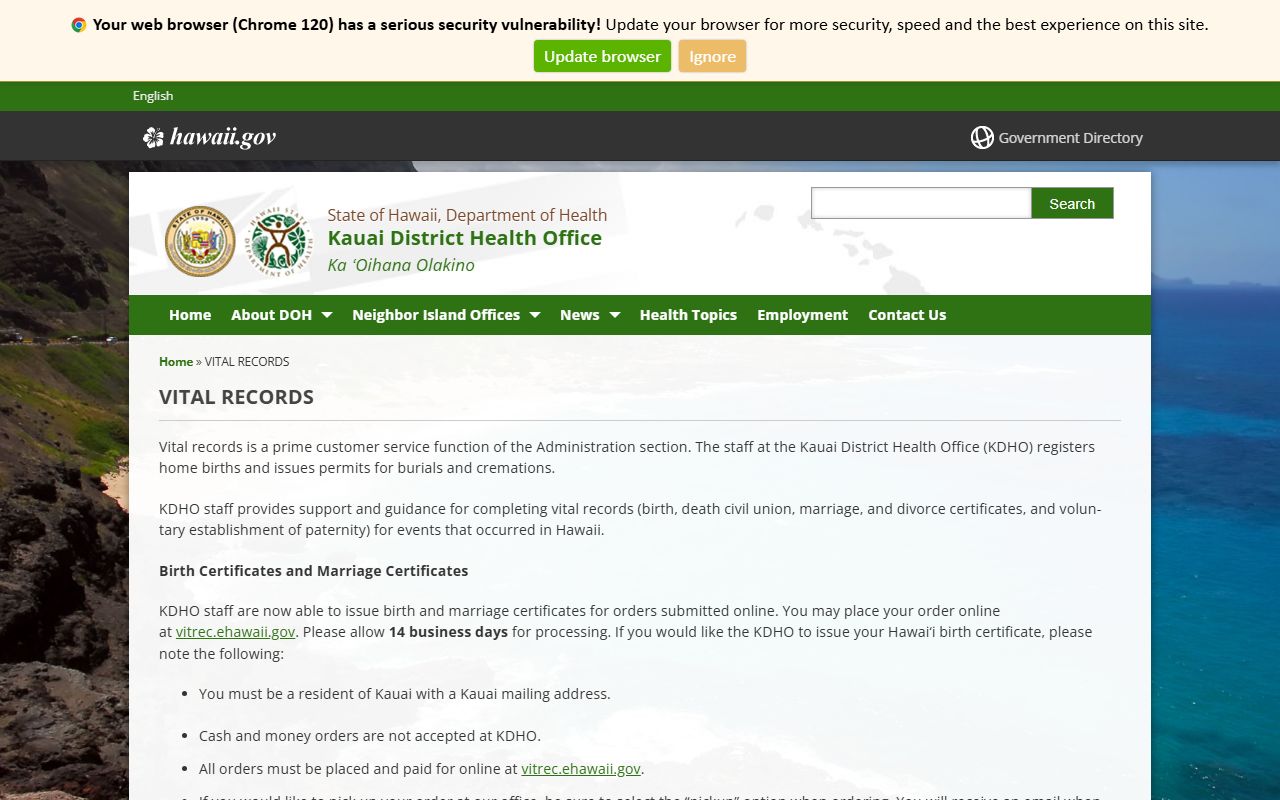 Kauai District Health Office birth records pickup service