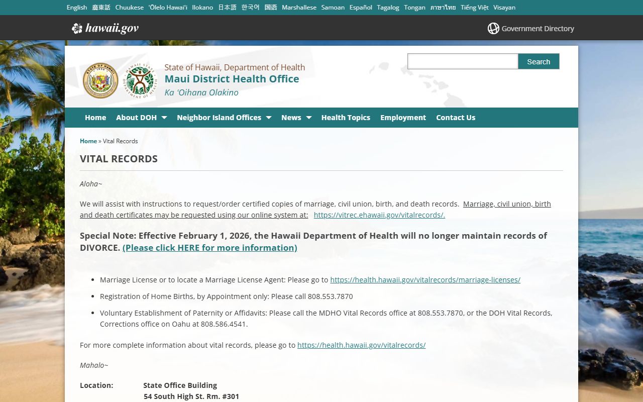 Maui District Health Office vital records birth certificates