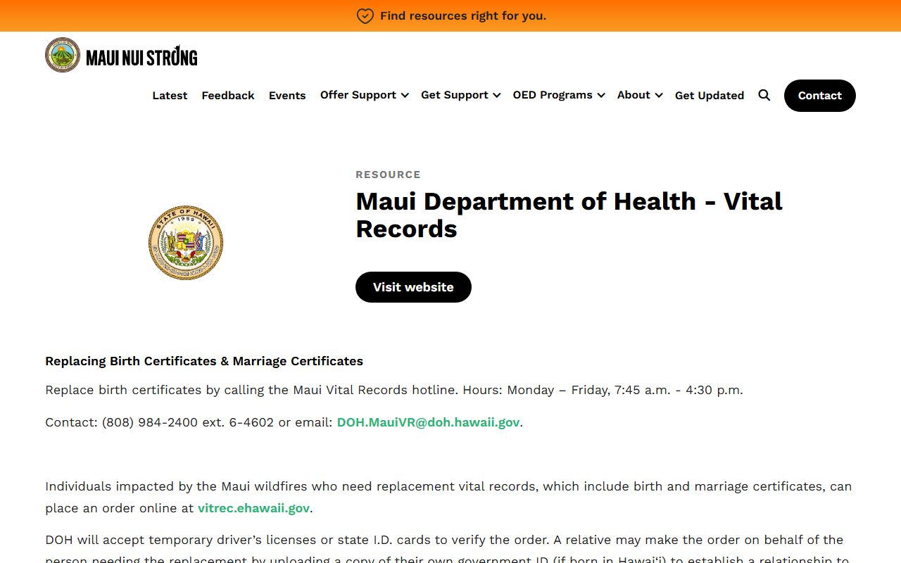 Maui County vital records hotline for birth records replacement