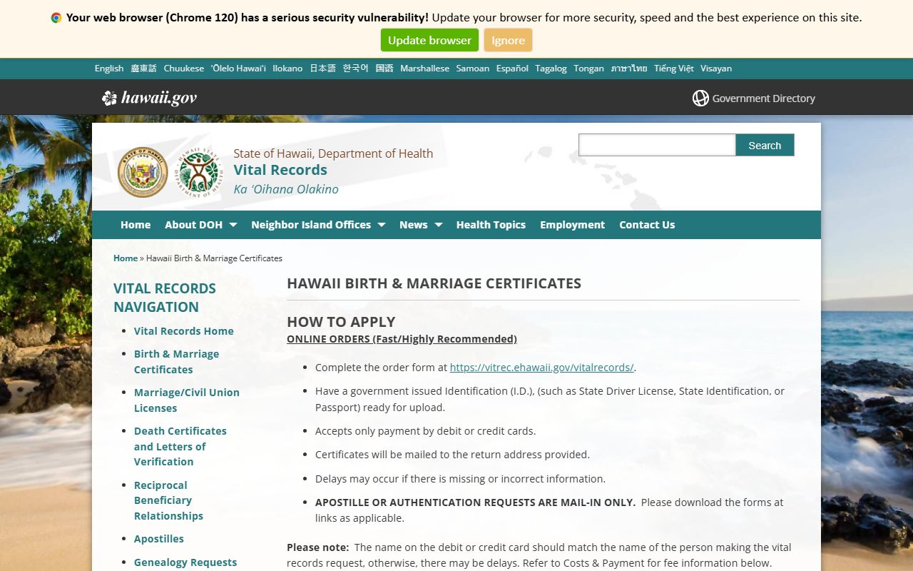 Hawaii birth certificate ordering methods and eligibility list