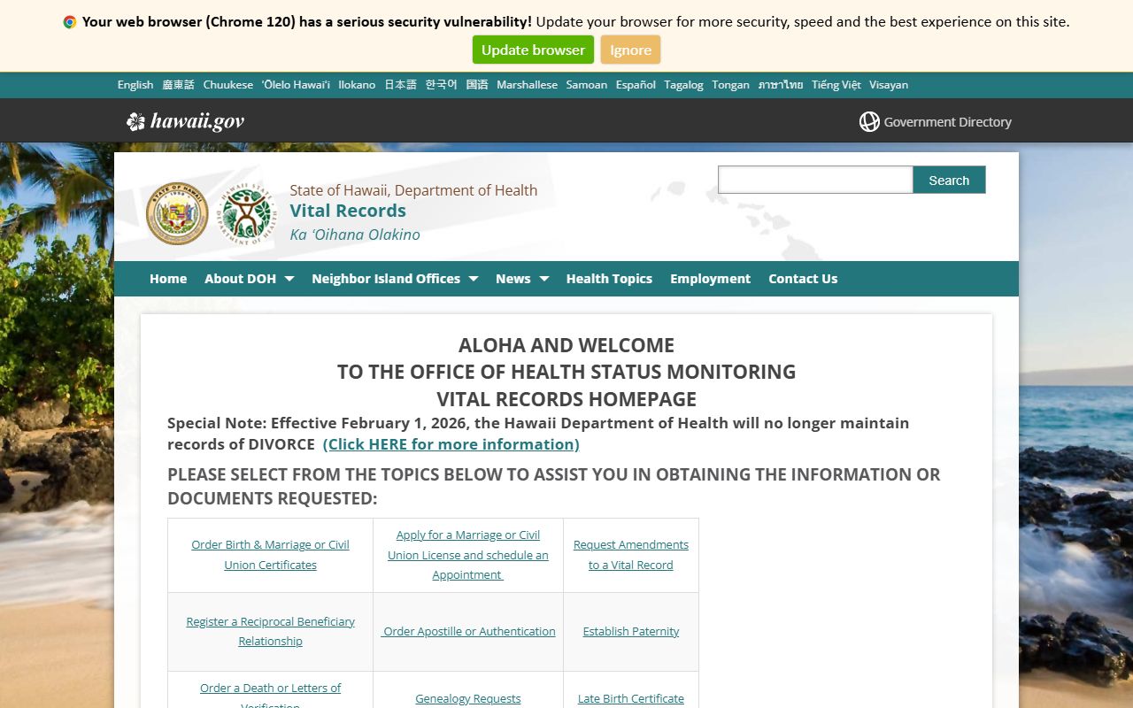 Hawaii DOH Vital Records homepage for birth records