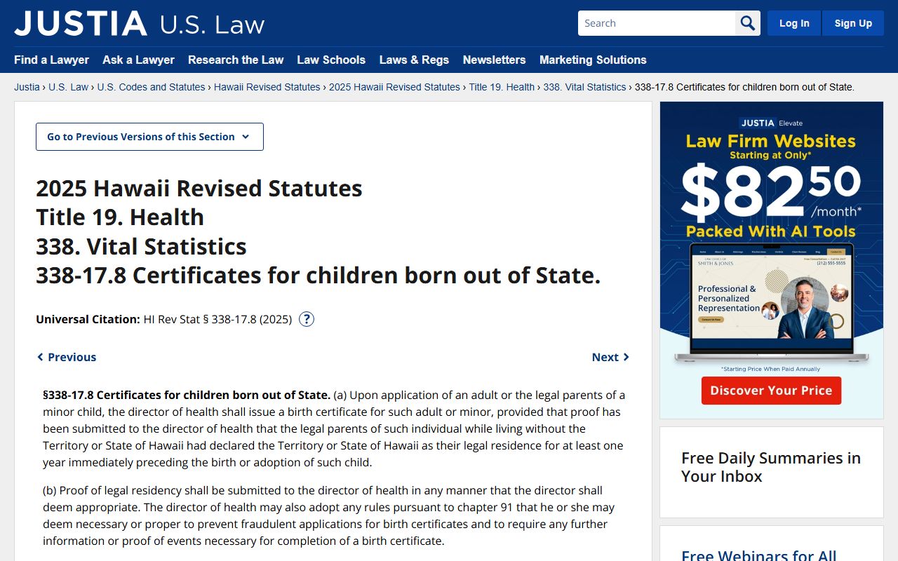 Hawaii Revised Statutes 338-17.8 out of state birth records