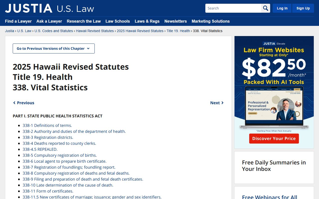 Hawaii Revised Statutes Chapter 338 vital statistics for birth records