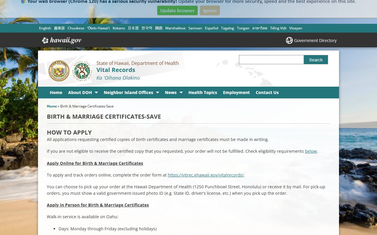 Hawaii birth records processing times and fee schedule