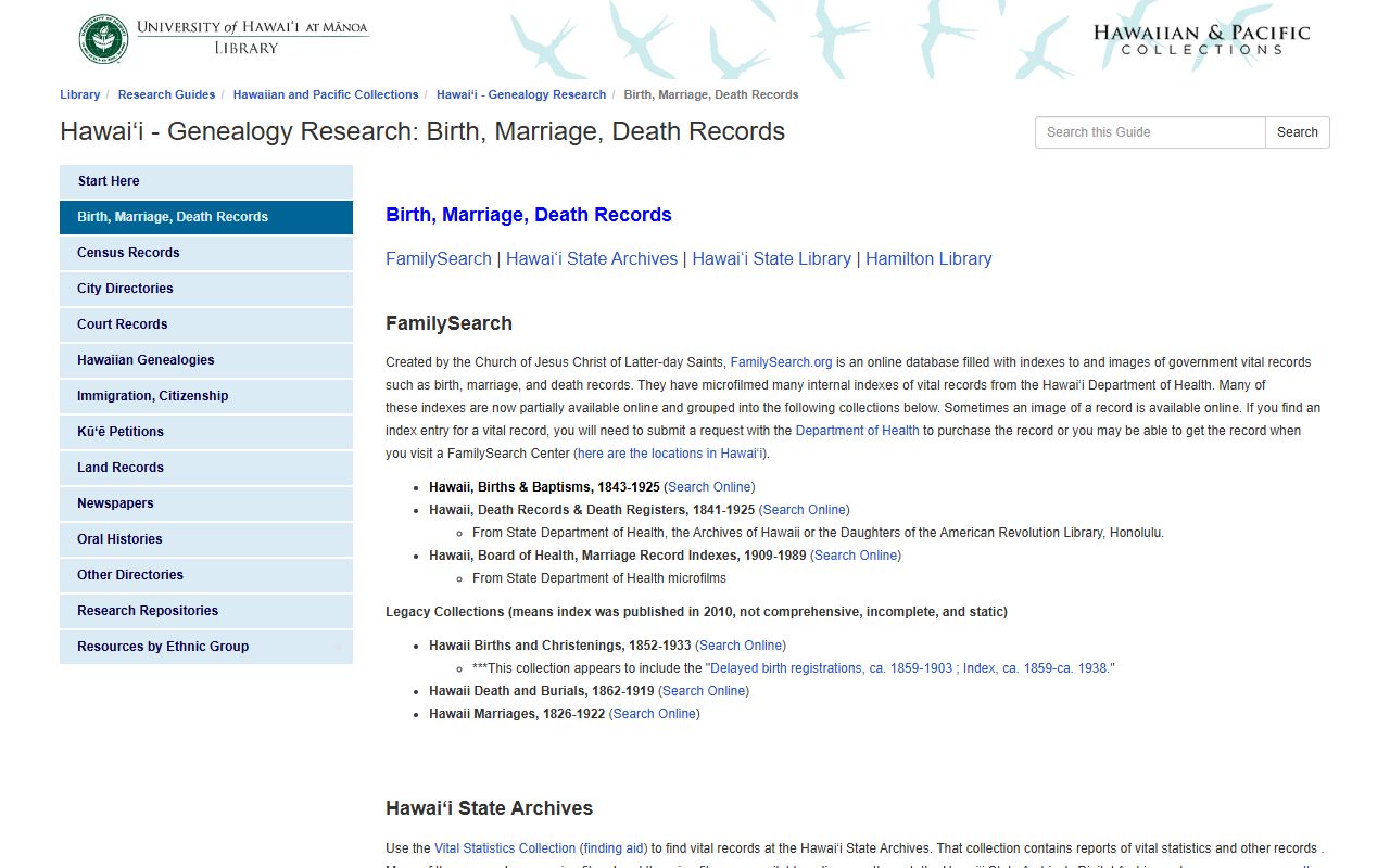 UHM Manoa library genealogy guide for Hawaii birth records